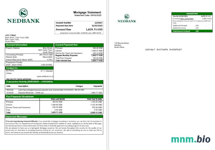 Południowa Afryka Nedbank wyciąg z kredytu hipotecznego w formatach Word i PDF